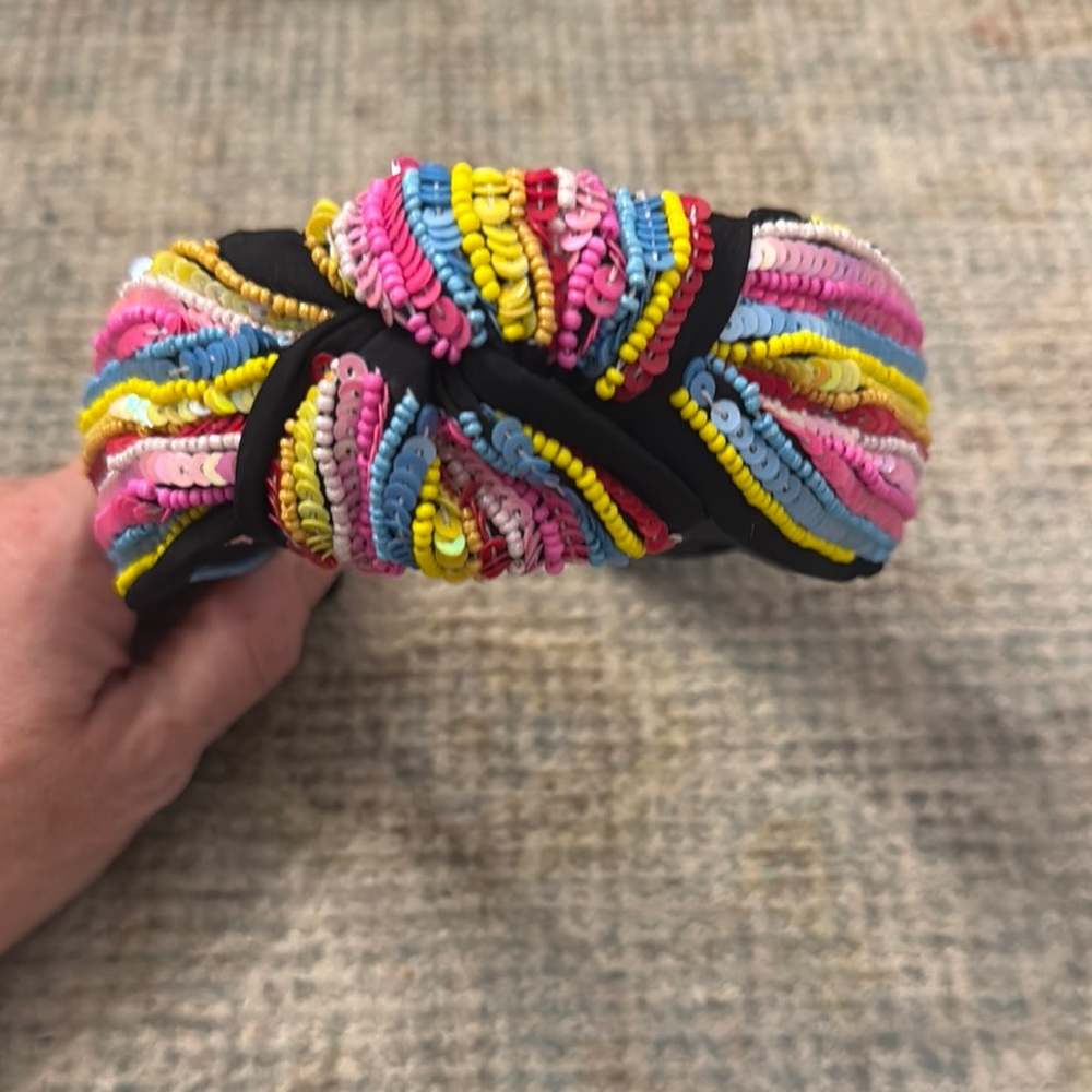 Pink and Yellow Beaded Headband Vibrant Retro Design